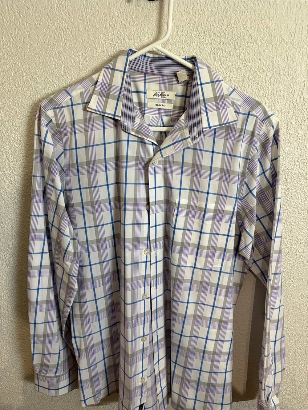 Van Heusen Slim Men's White Plaid Button-Down Shirt with Lavender & Blue sz M
